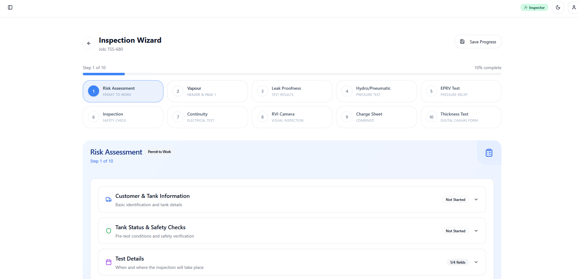 Placeholder illustrating an inspection step with fields and save buttons